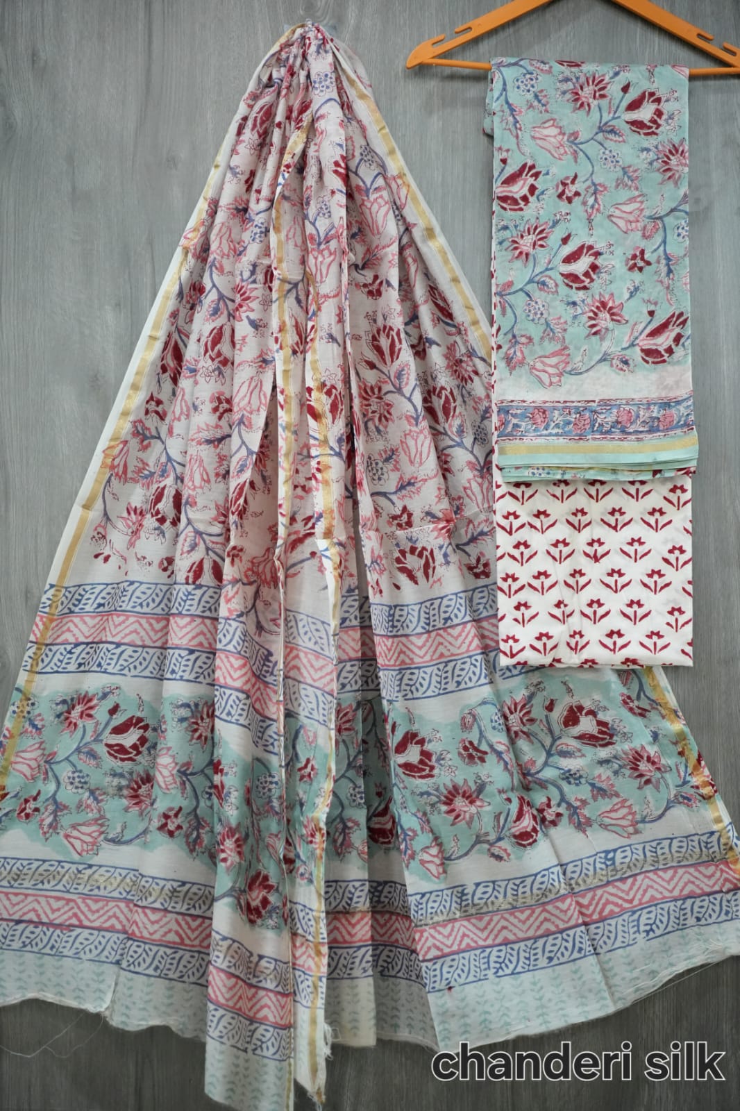 Light Teal & Maroon Lotus Floral Hand Block Print Chanderi Silk Suit Material (BFCHS07)
