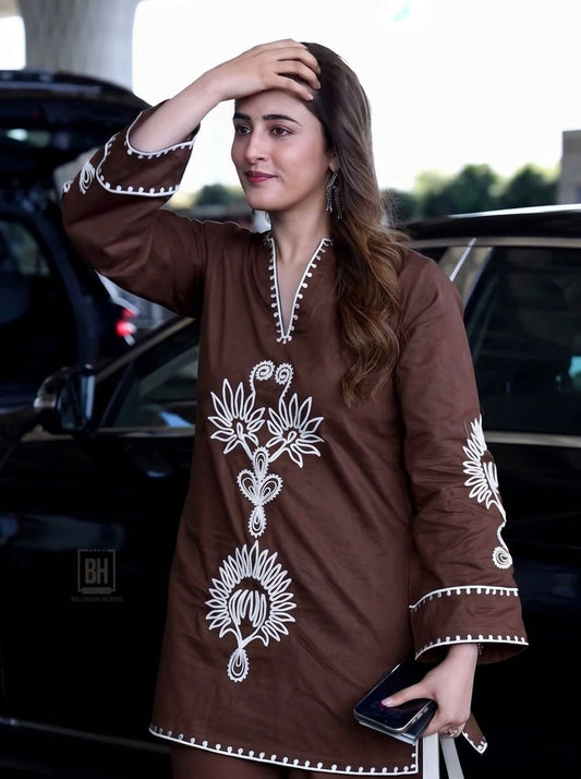 Brown Pure Cotton Aari Work Co-ord Set | Embroidered Kurti with Pant