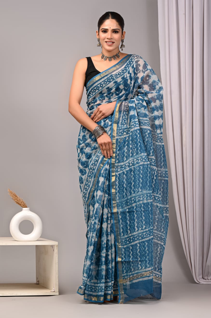Teal Blue Kota Doriya Saree | Dabu Hand Block Print | Gold Zari Border (BFKS53)