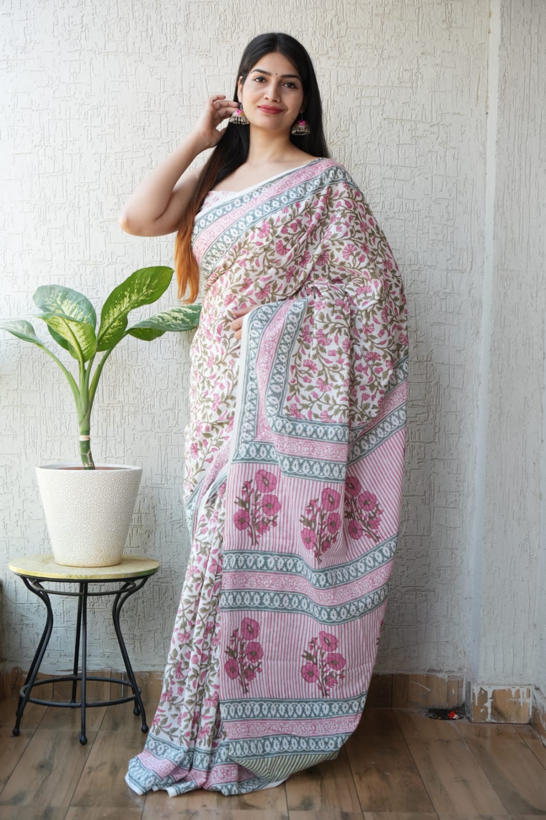 Cream Pink Floral Hand Block Printed Cotton Saree with Blouse (BFCS81)