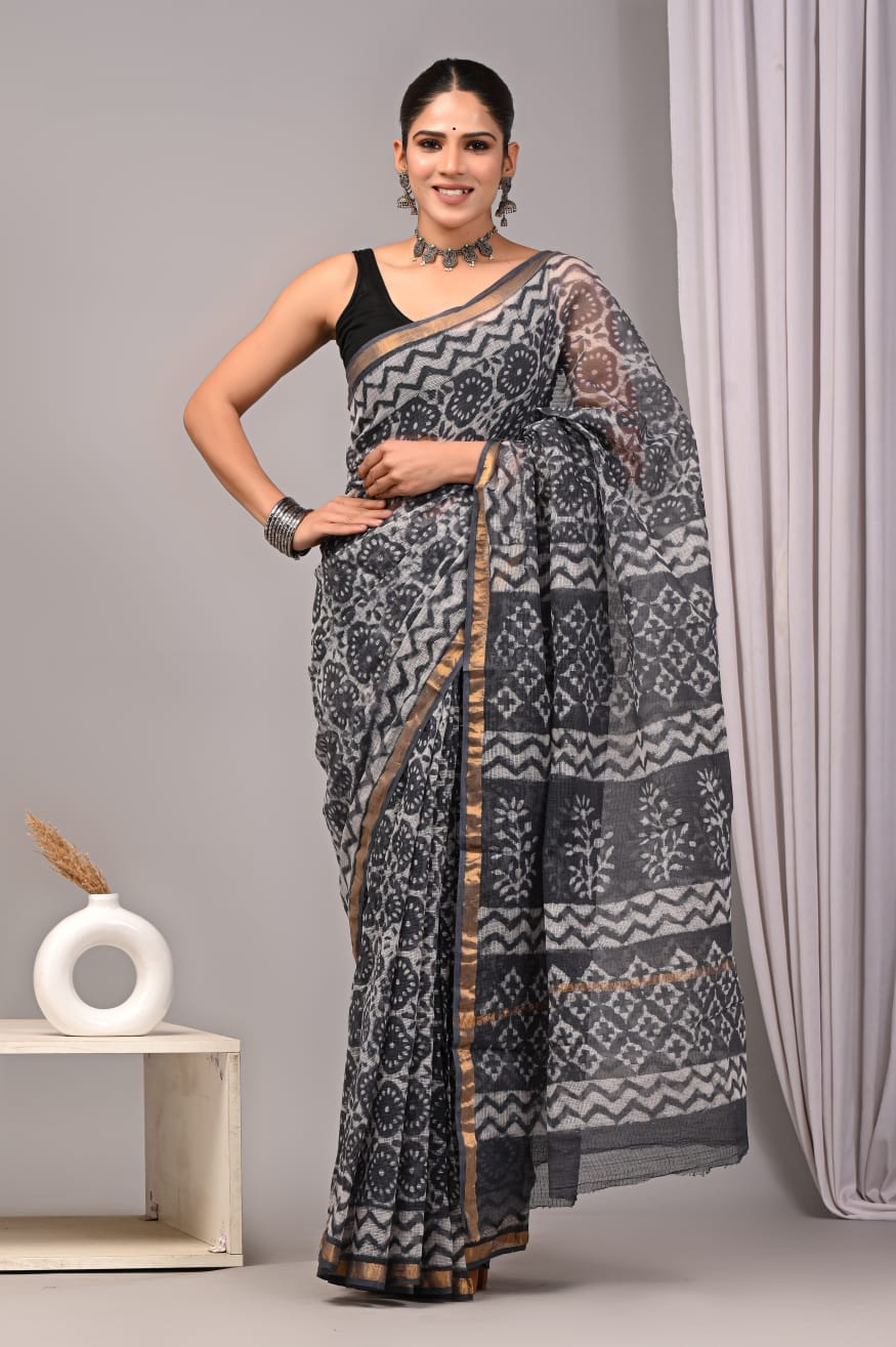 Black White Kota Doriya Saree | Dabu Hand Block Print | Traditional Ethnic Wear (BFKS44)