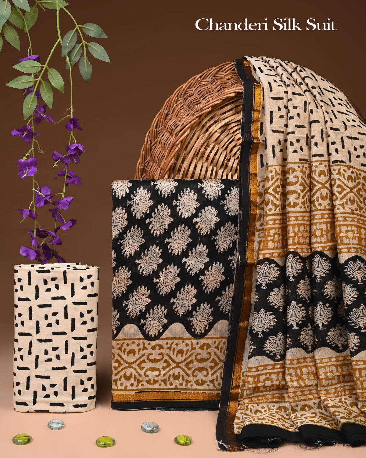 EXCLUSIVE HAND BLOCK CHANDERI SILK SUIT SET WITH CHANDERI DUPATTA