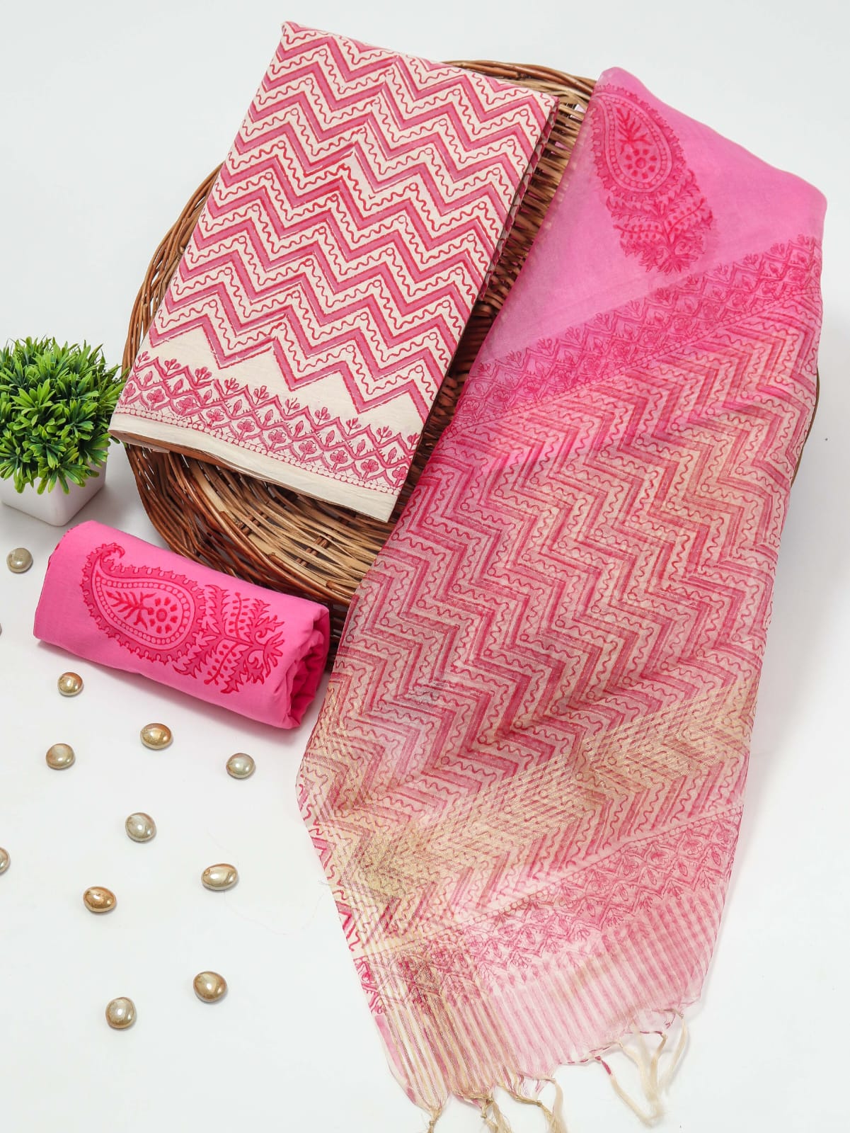 New Floral Hand Block Printed Cotton Suit With Organza Dupatta(BFOR69)