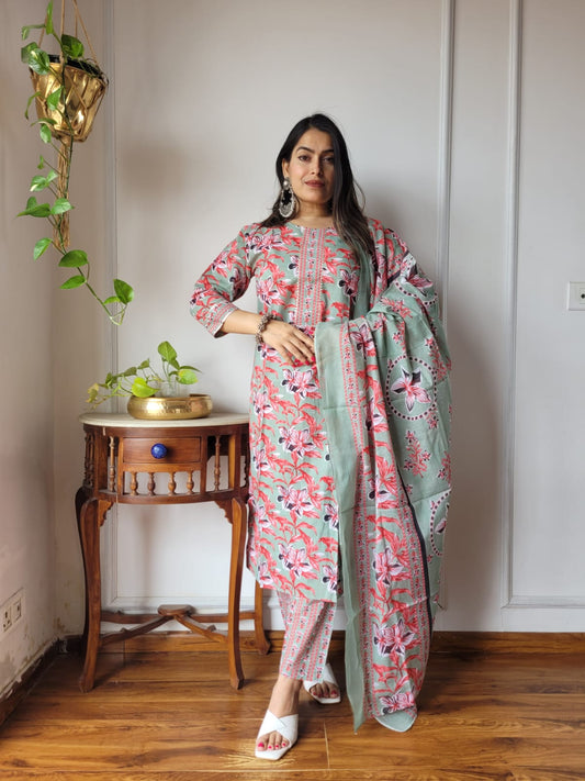 Sage Green Hand Block Printed Cotton Suit for Women