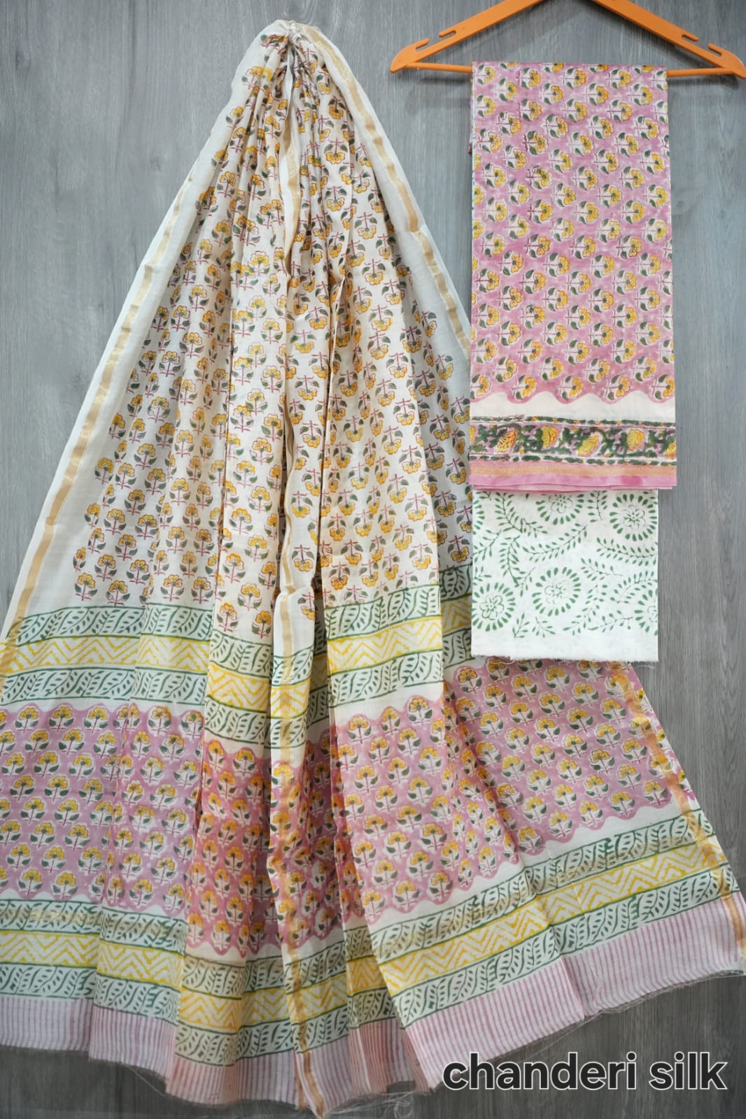 Pink & Yellow Small Floral Butti Hand Block Print Chanderi Silk Suit Material (BFCHS17)