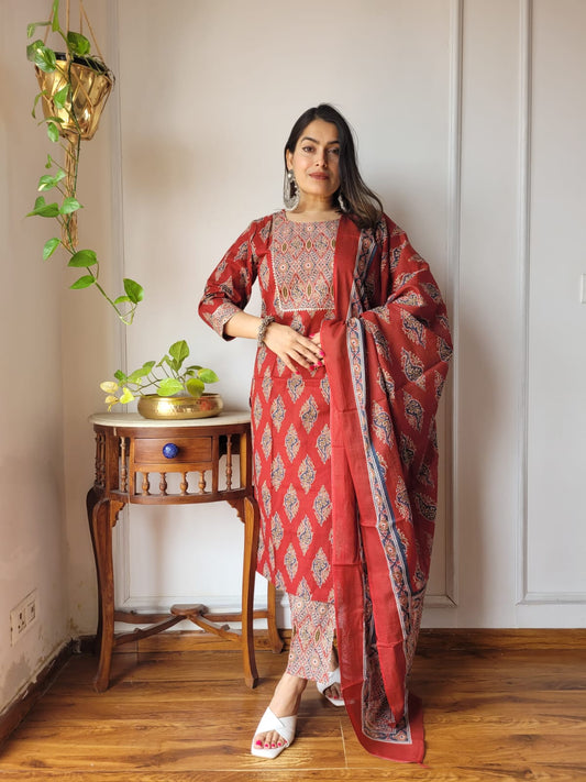Rust Red Hand Block Printed Cotton Suit for Women