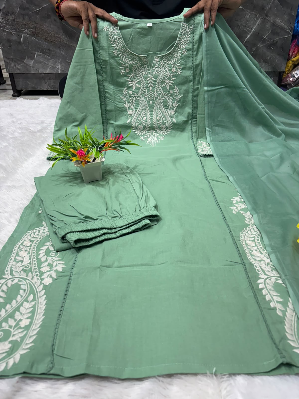 Green Embroidered Cotton Kurta Pant Set with Dupatta