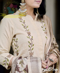 classy embroidery handloom set with khadi silk floral banarasi print duppta handloom cotton kurti with embroidery work