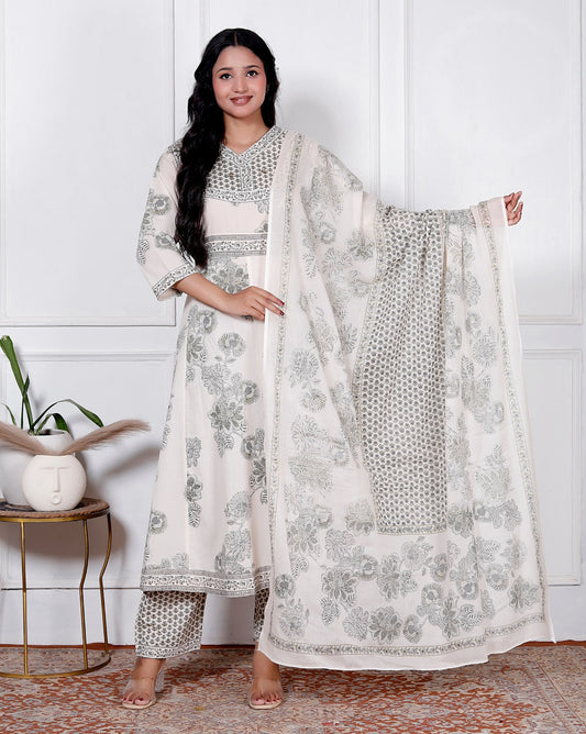 Grey Floral Print Premium Cotton Anarkali Suit Set