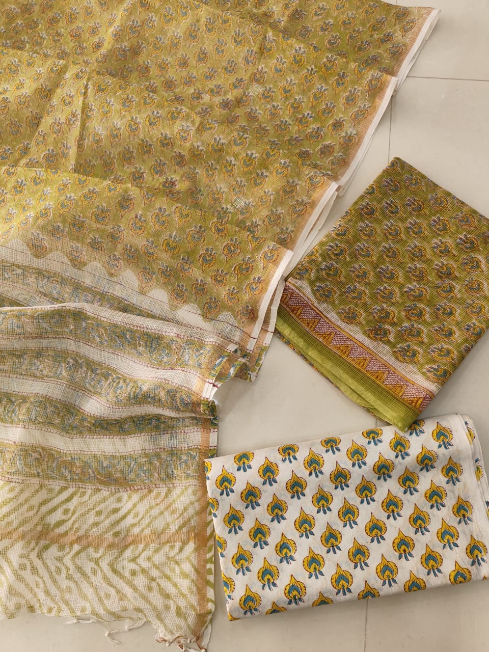 Olive Green Paisley Hand Block Print Kota Doriya Suit (BFFKO73)