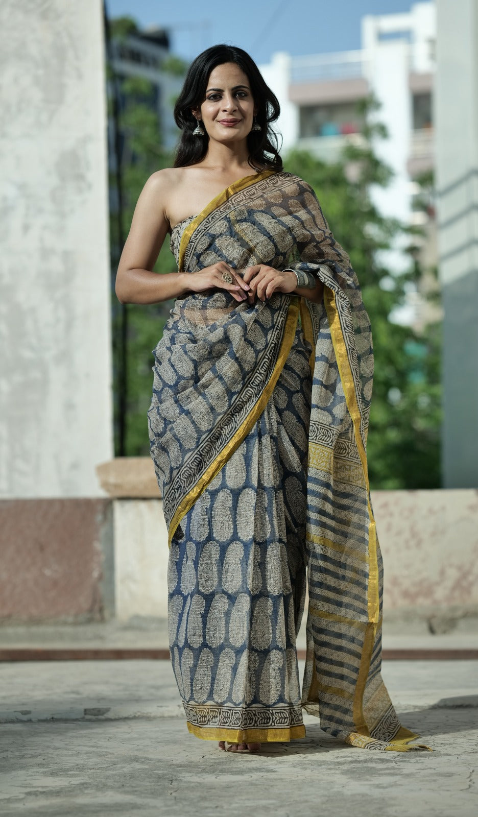 Indigo Grey Blue Kota Doriya Saree | Large Boota Hand Block Print | Mustard Zari Border (BFKS57)
