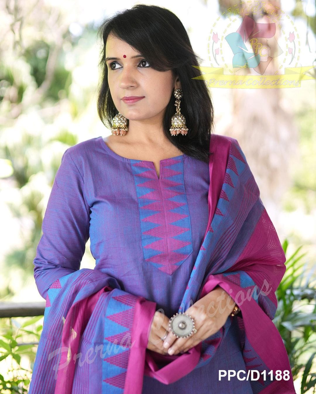 Purple Pink South Cotton Handloom Kurti Set with Temple Border |