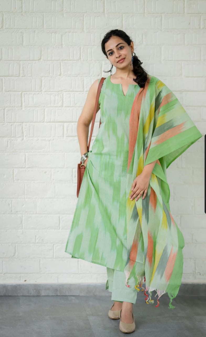 Mint Green Ikat Print Handloom Cotton Kurti Set