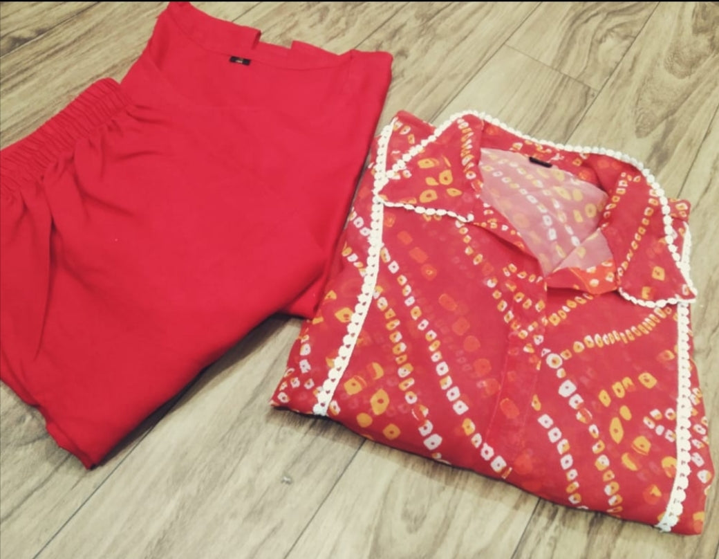 Red Bandhani Print Asymmetric Kurti with Palazzo Set