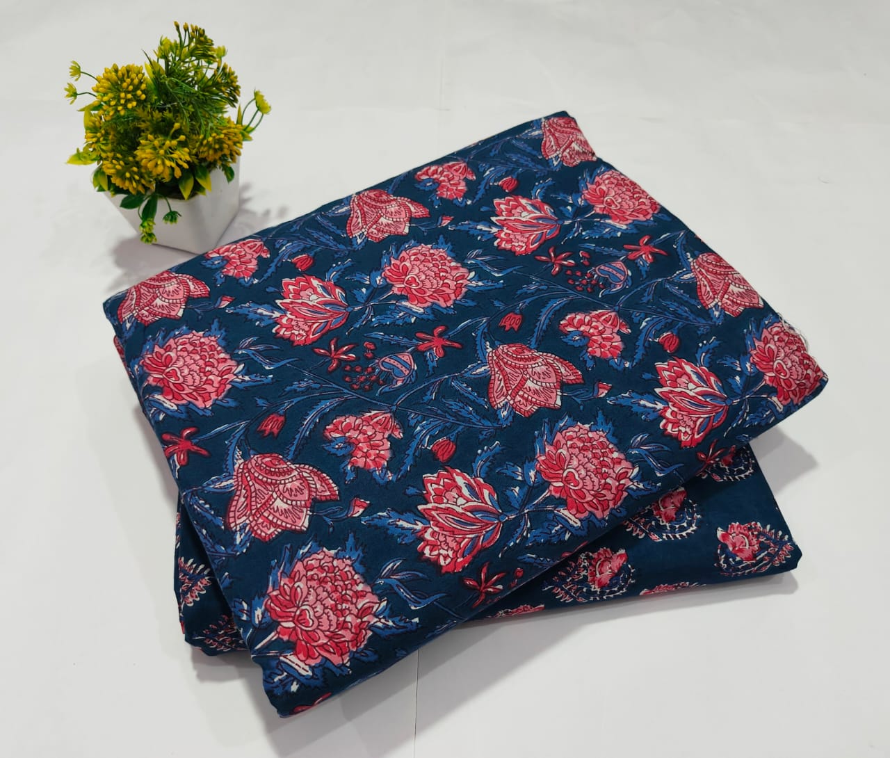 Navy Blue Pink Floral Cotton Fabric – Soft Printed Dress Material (BFTB71)