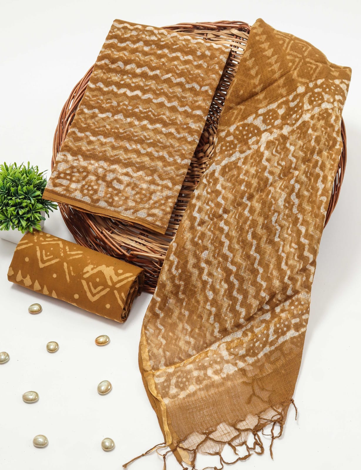Mustard Brown Batik Wave Block Print Kota Doriya Suit (BFFKO99)