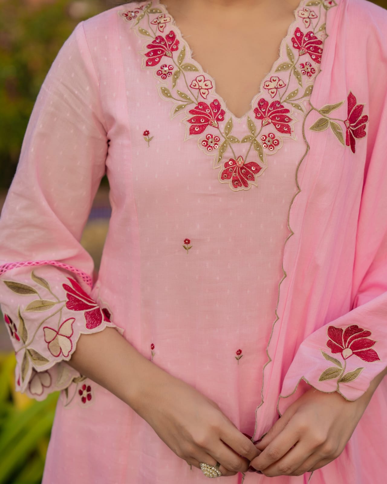 Baby Pink Cotton Anarkali Kurta Pant with Embroidered Dupatta | Designer Suit Set