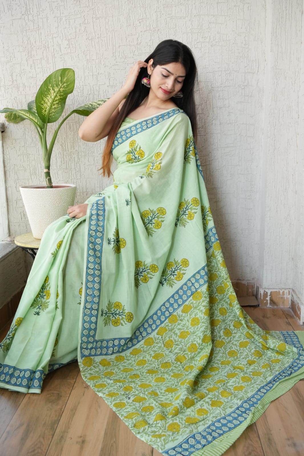 Light Green Floral Printed Cotton Saree – Soft Cotton Saree for Women(BFCS12)