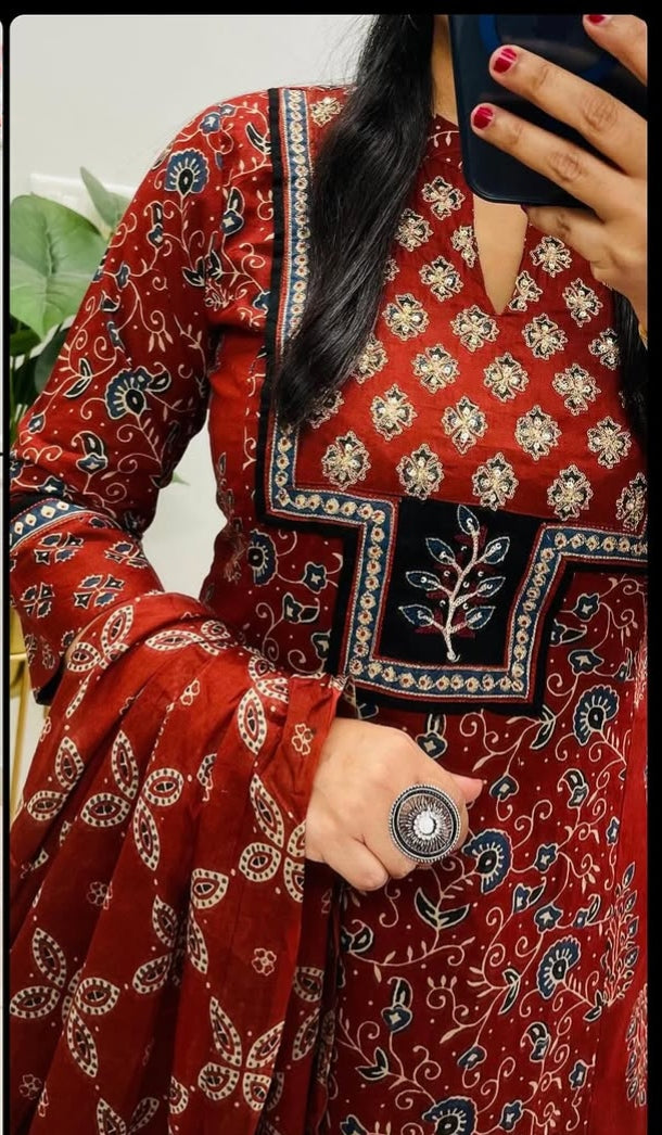 Maroon Ajrakh Cotton Suit Set | A-Line Princess Cut Kurta with Pant & Dupatta