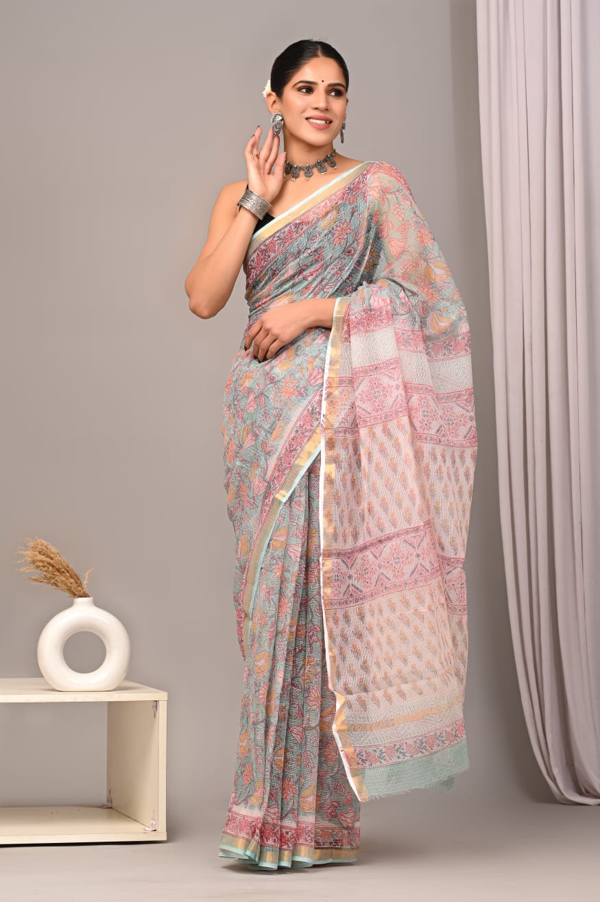 Grey Multicolour Kota Doriya Saree | Dabu Hand Block Printed | Ethnic Wear (BSFS48)