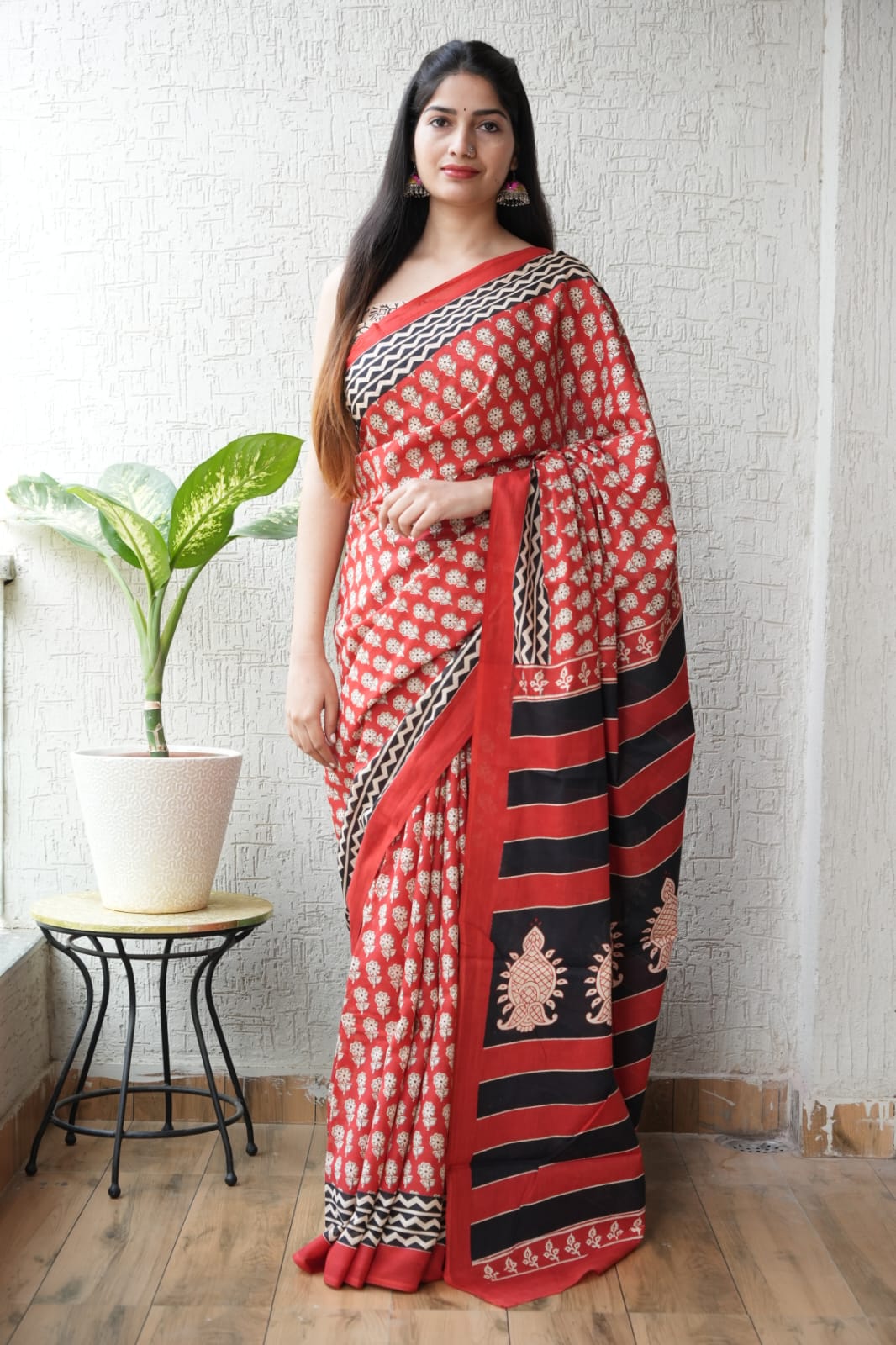 Red Black Designer Cotton Saree – Soft Cotton Saree for Women (BFCS40)