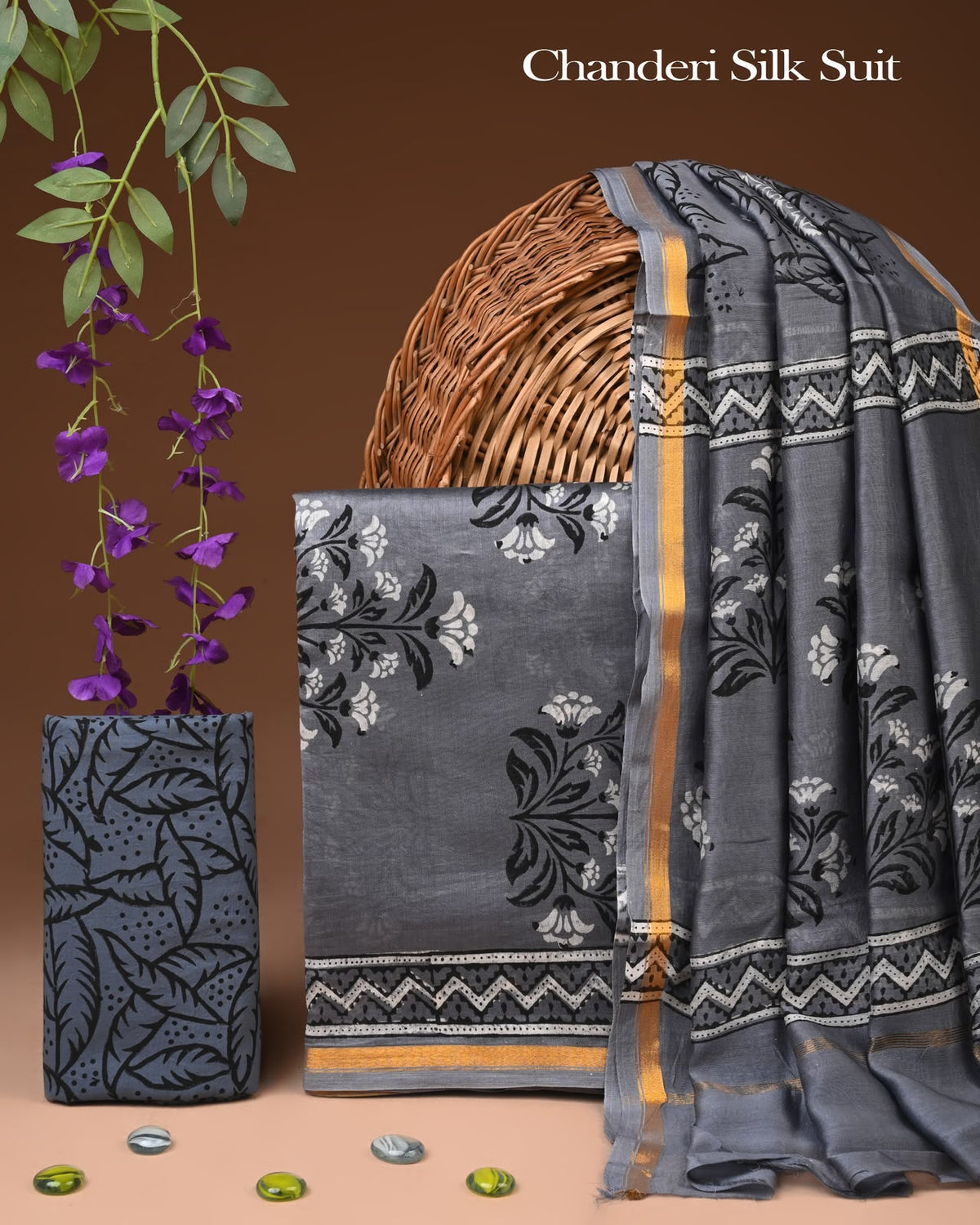 EXCLUSIVE HAND BLOCK CHANDERI SILK SUIT SET WITH CHANDERI DUPATTA
