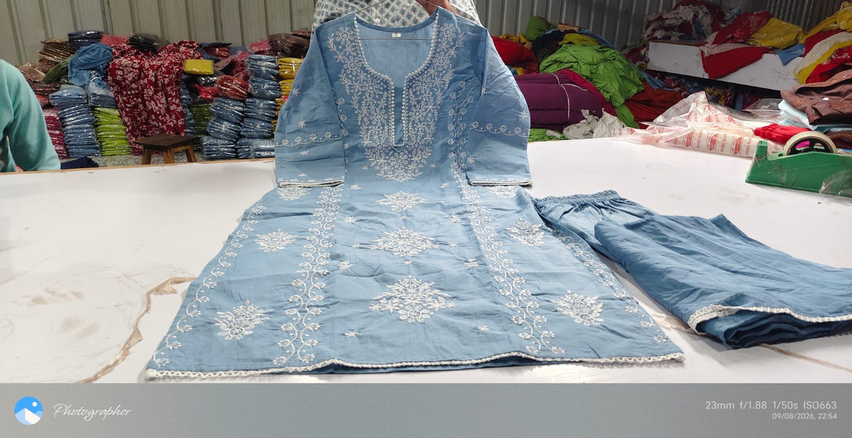 Sky Blue Chikankari Embroidered Cotton Suit Set for Women