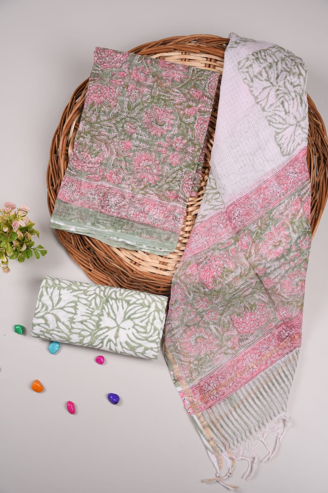 Pastel Green Floral Printed kota doriya Suit Set (BFFKO28)