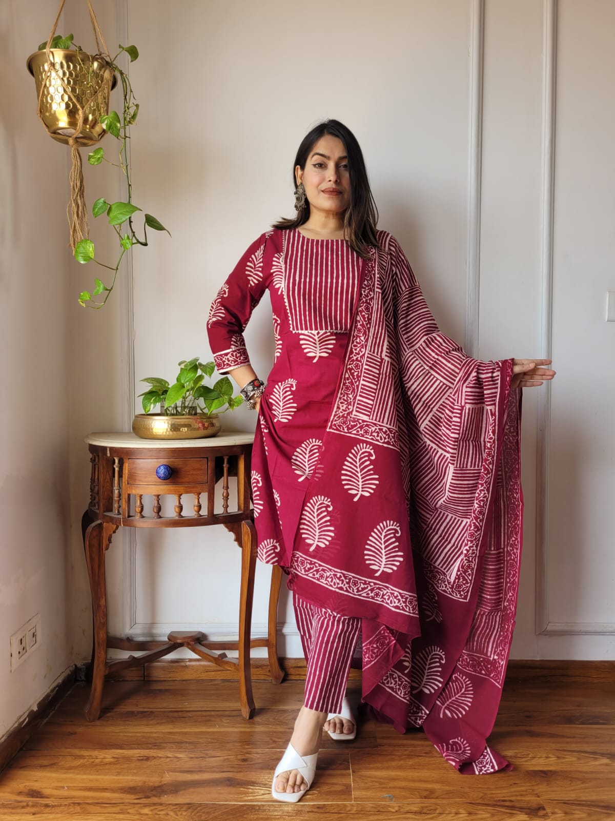 Maroon Hand Block Printed Cotton Suit for Women