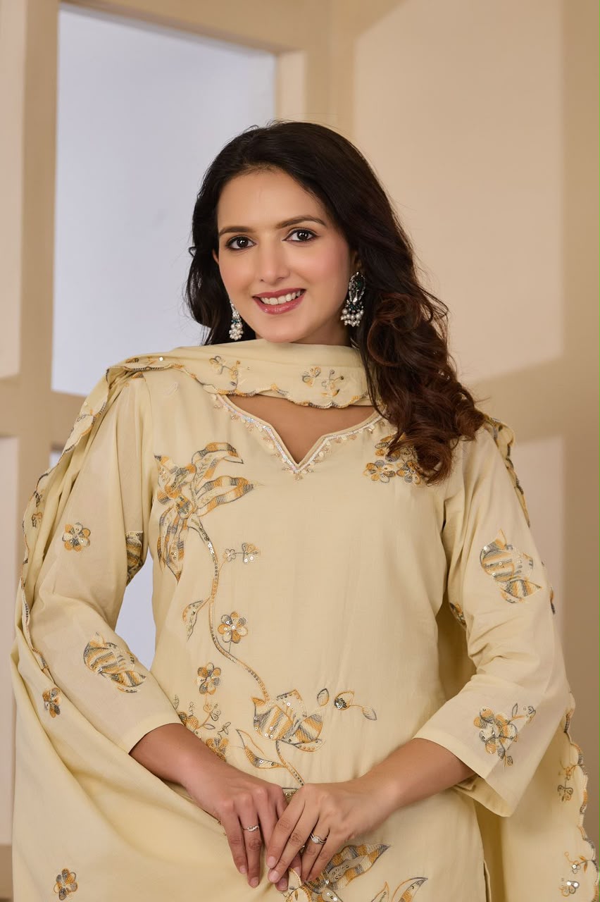 Cream Embroidered Cotton Kurta Set with Scalloped Dupatta | Ethnic Wear