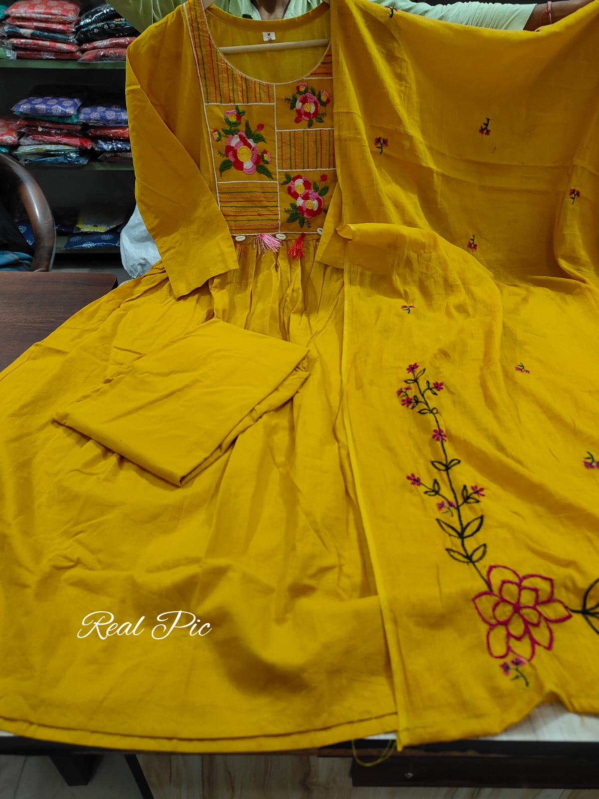 Yellow Embroidered A-Line Suit | Pure Cotton with Floral Dupatta
