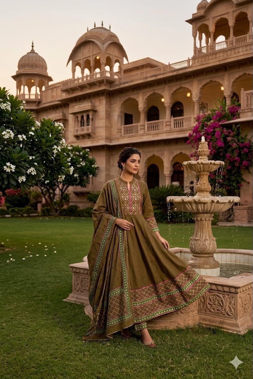 Olive Green Cotton 12 Kali Anarkali Suit Set
