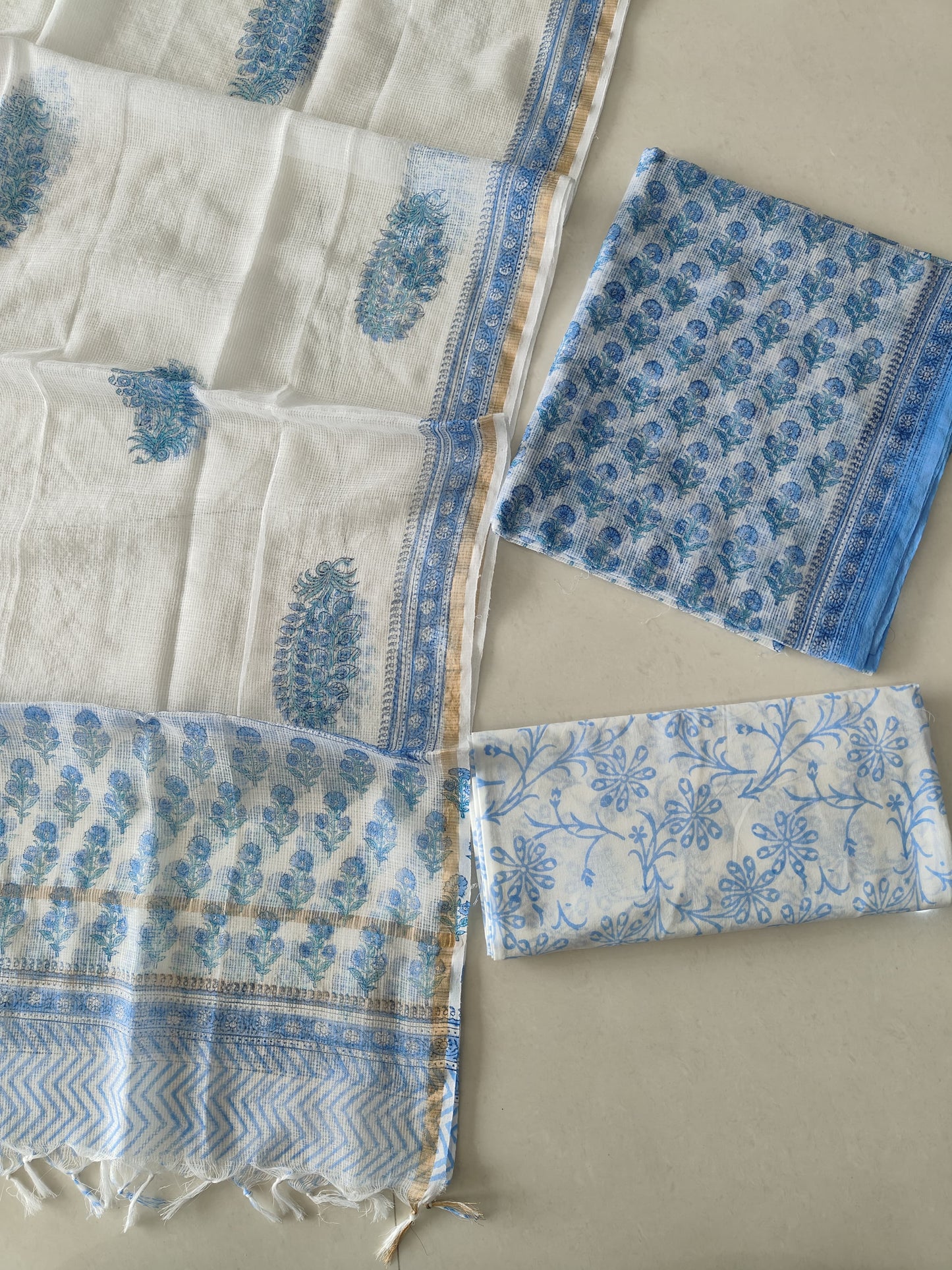 Sky Blue Floral Block Print Kota Doriya Suit (BFFKO88)