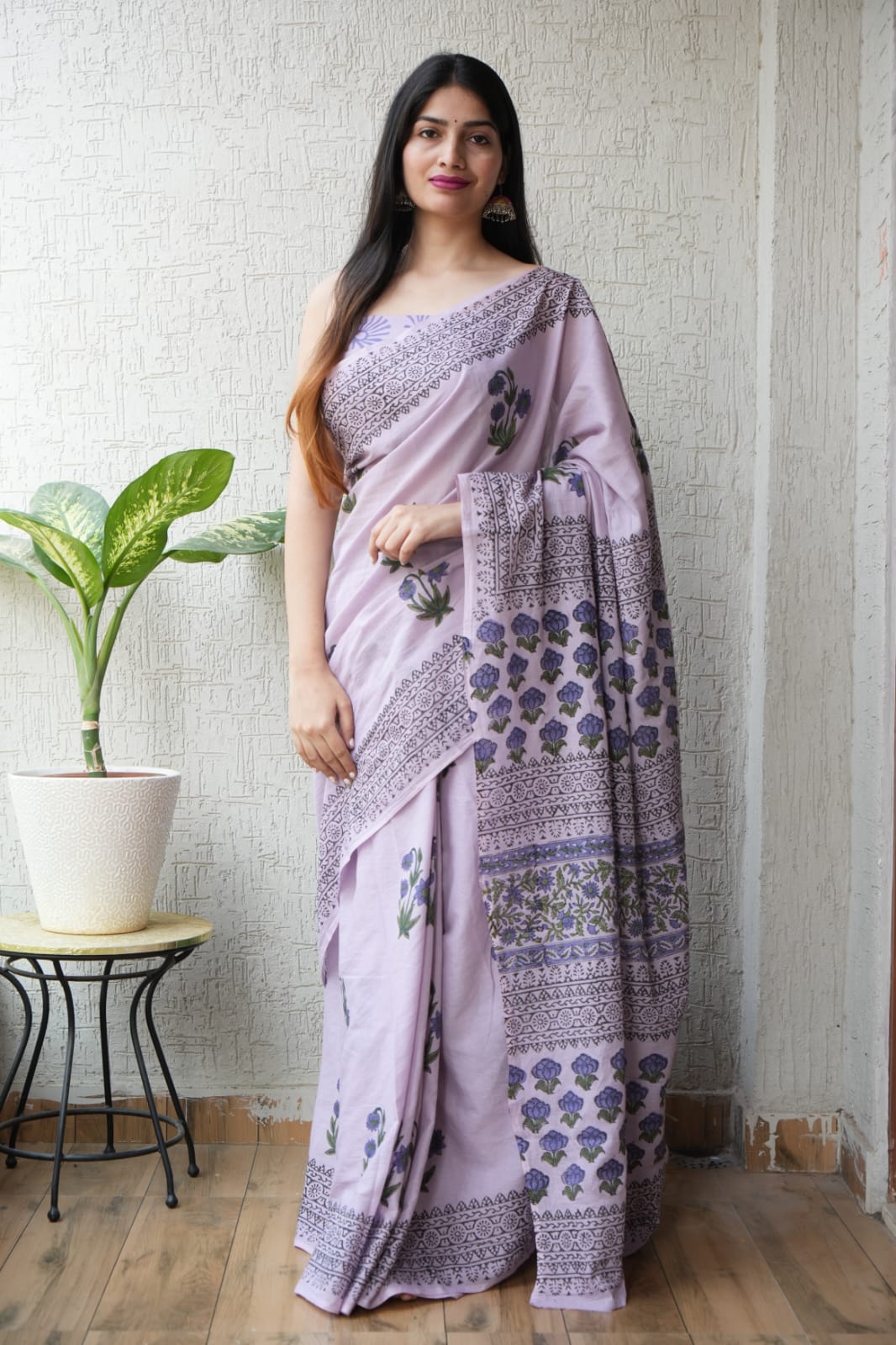 Lavender Floral Hand Block Printed Cotton Saree with Blouse (BFCS78)