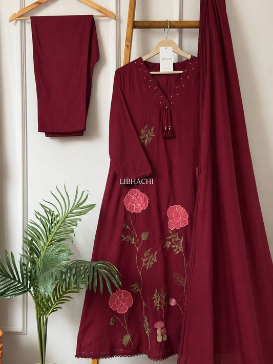Maroon Cotton A-Line Kurta Set with Floral Hand Embroidery & Mulmul Dupatta