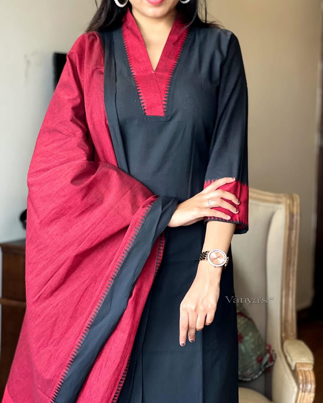Black Red South Cotton Handloom Kurti Set with Temple Border