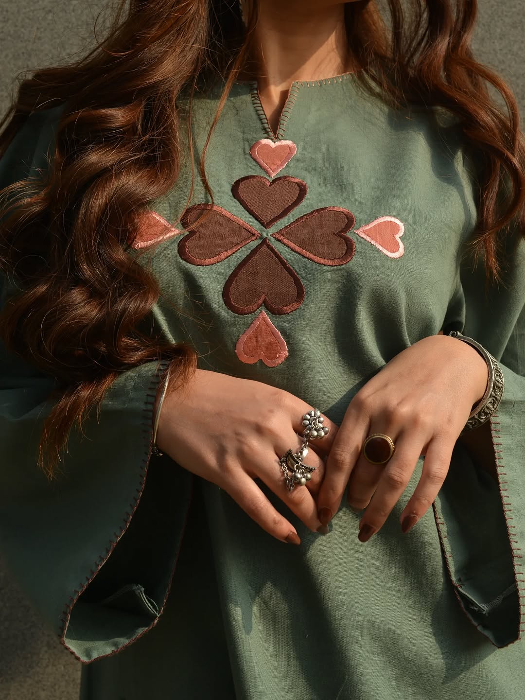 Olive Green Cotton Kurti Pant Set with Heart Embroidery for Women