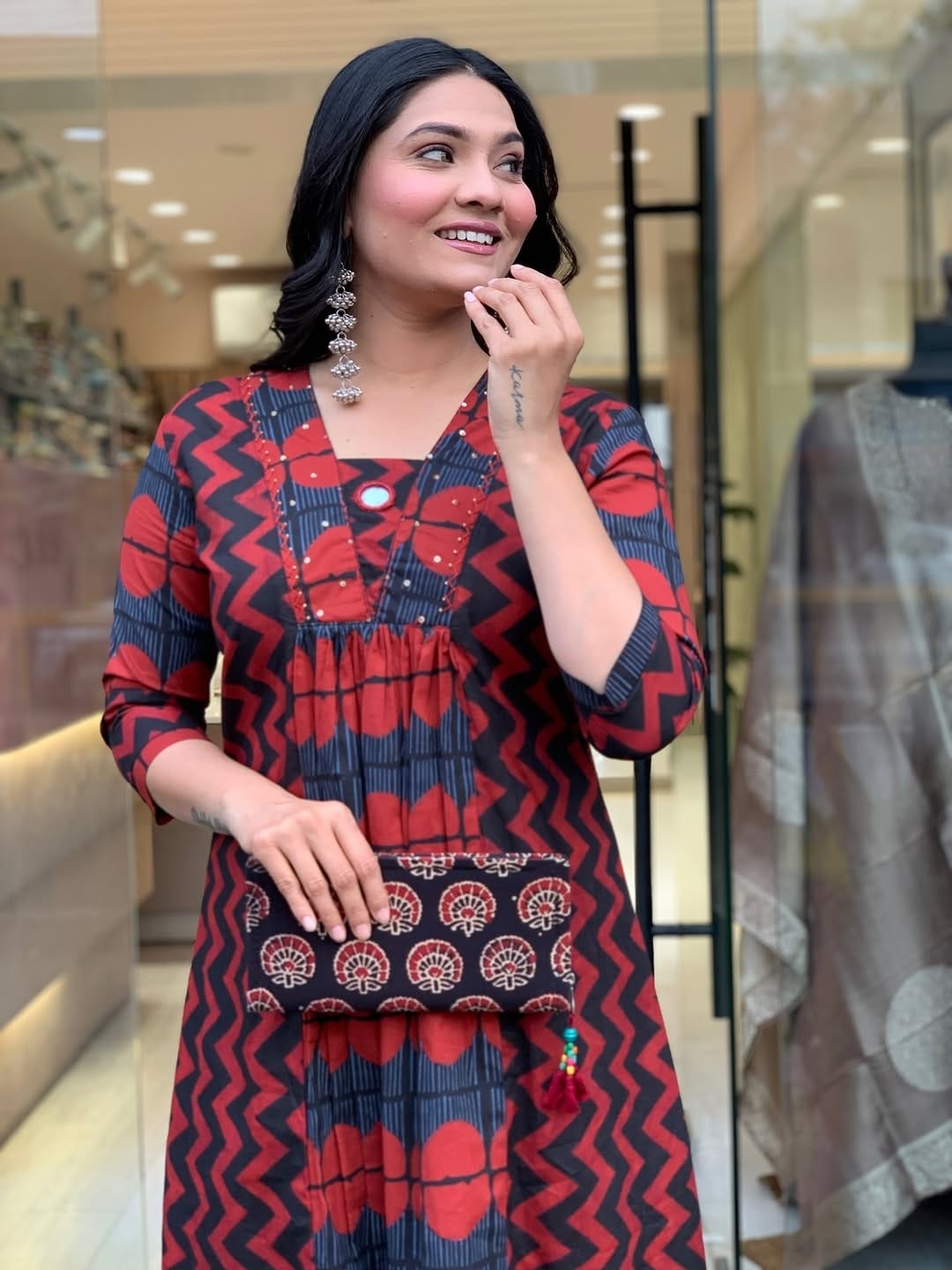 Red & Black Chevron Zigzag Print Cotton A-Line Kurta Palazzo Set