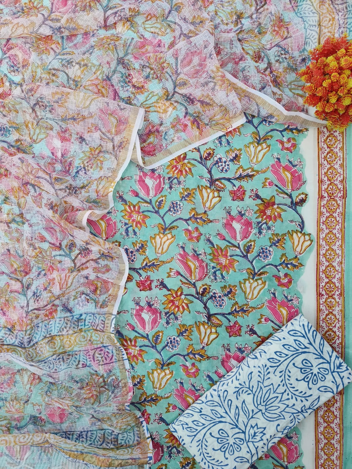 Premium Sanganeri Printed Cotton Suit With Kota Doria Duppta(BFCOTKD28)