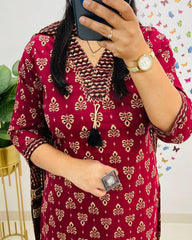 *🌹🌹Pure fine Cotton fabric Embroidery Work Kurti with Pant with cotton 100-100 Dupatta*🌹🌹