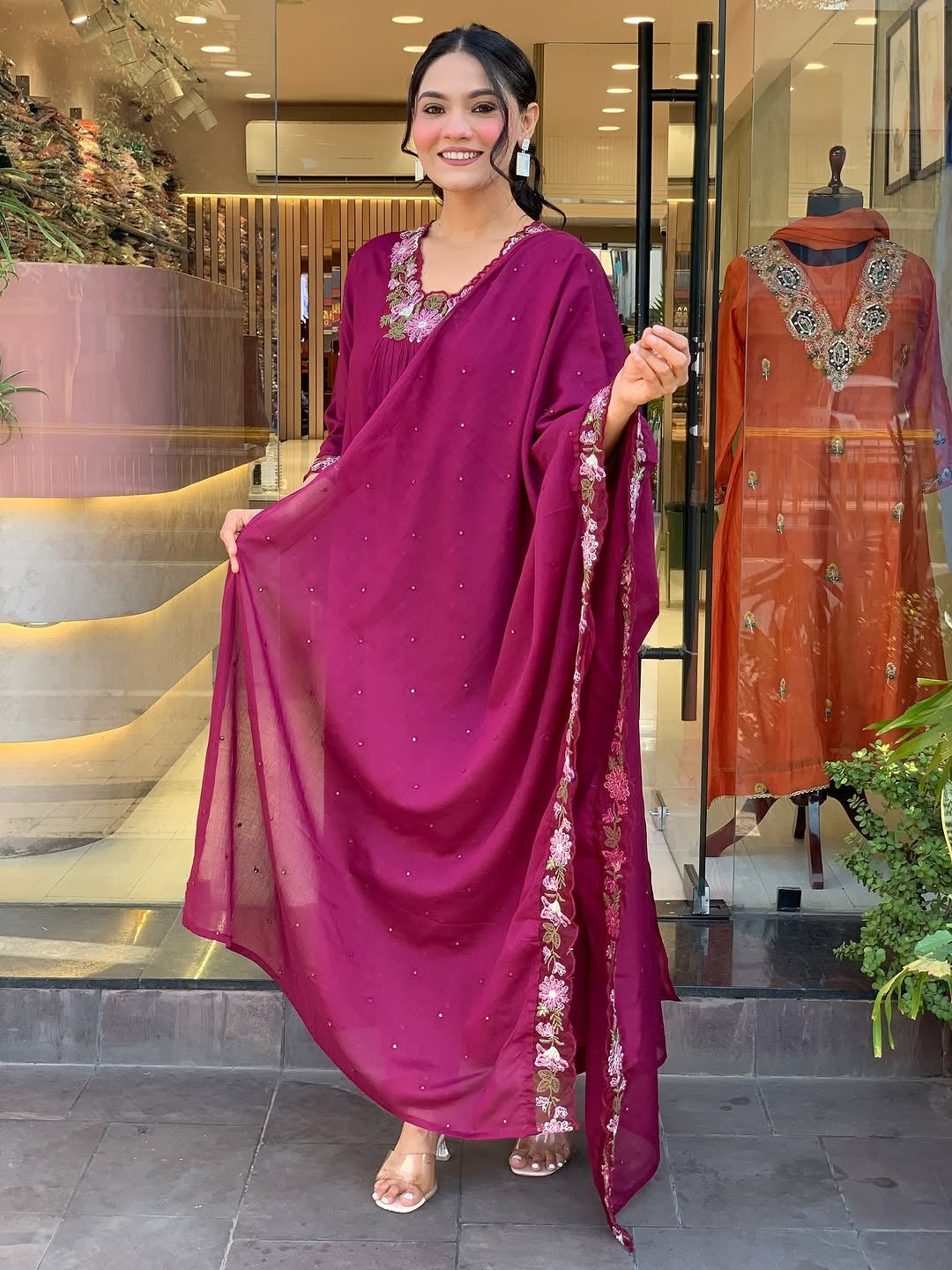 Wine Cotton Embroidered Kurti Pant Set with Malmal Dupatta for Women | Elegant Ethnic Wear
