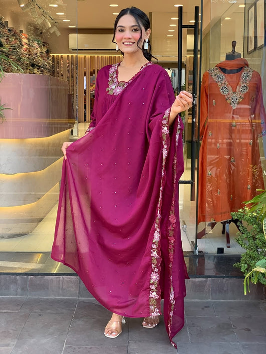 Wine Cotton Embroidered Kurti Pant Set with Malmal Dupatta for Women | Elegant Ethnic Wear