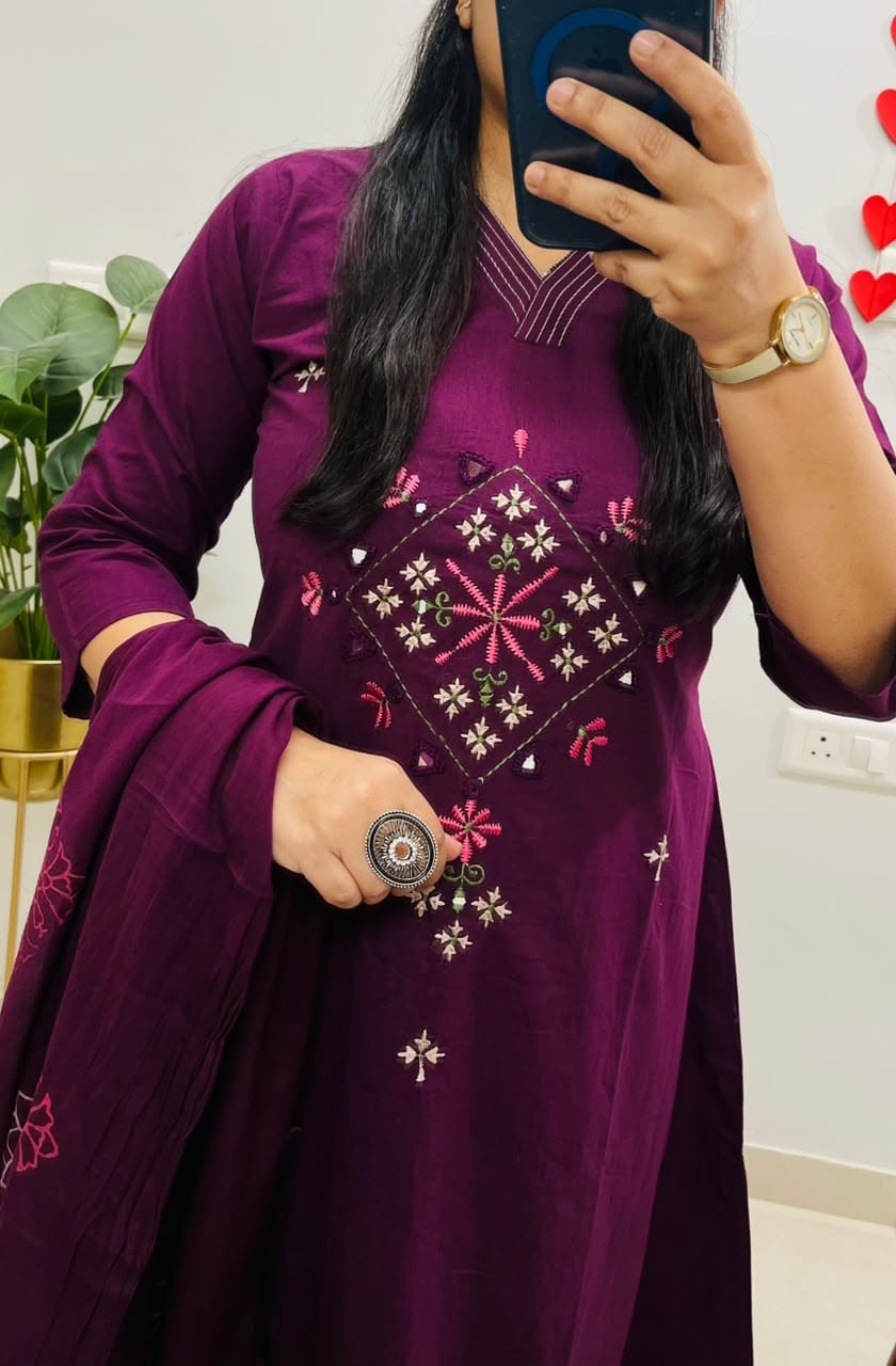 Wine Purple Heavy Cotton Embroidered Kurti Set