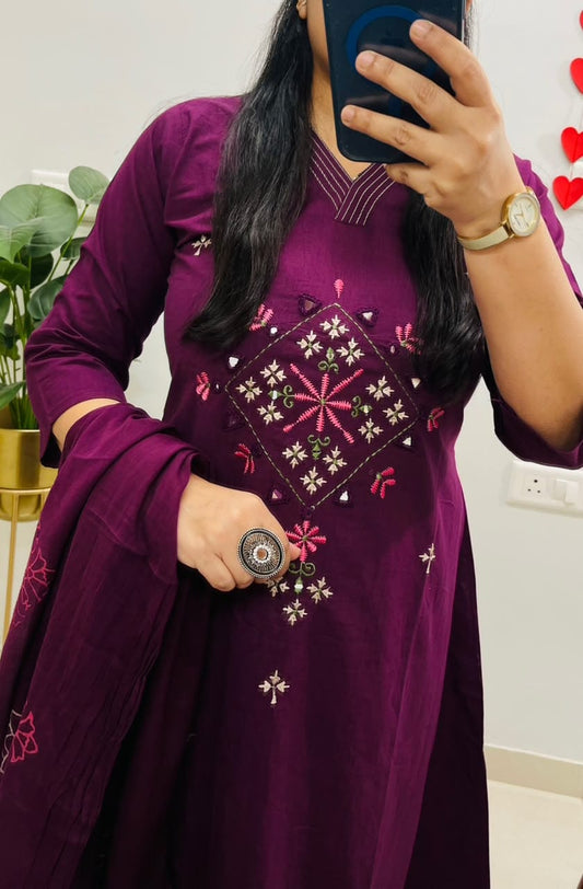 Wine Purple Heavy Cotton Embroidered Kurti Set