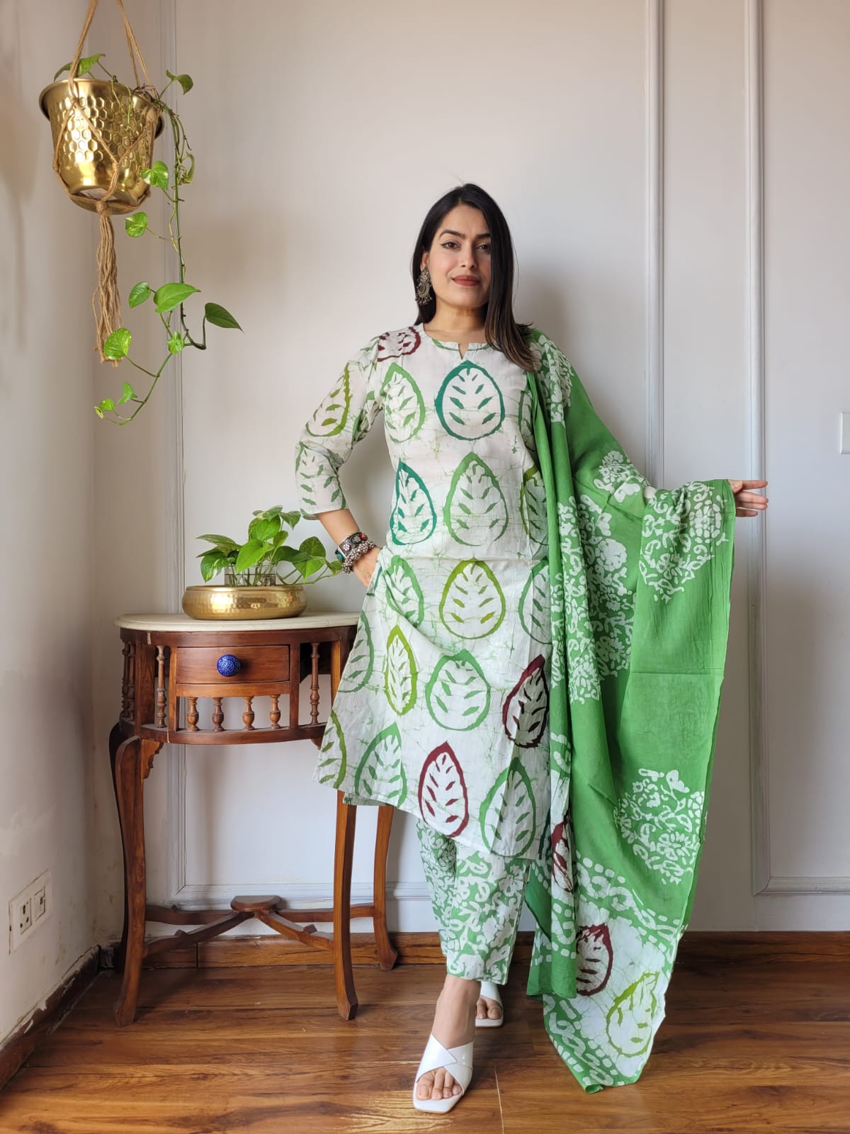 White & Green Hand Block Printed Cotton Suit for Women
