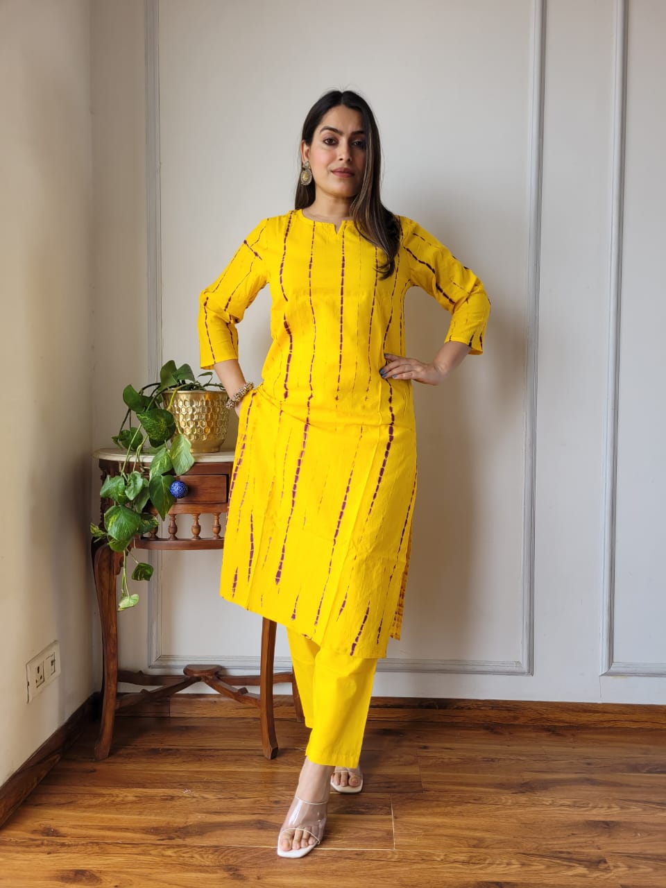 Mustard Printed Cotton Kurti Pant Set for Women