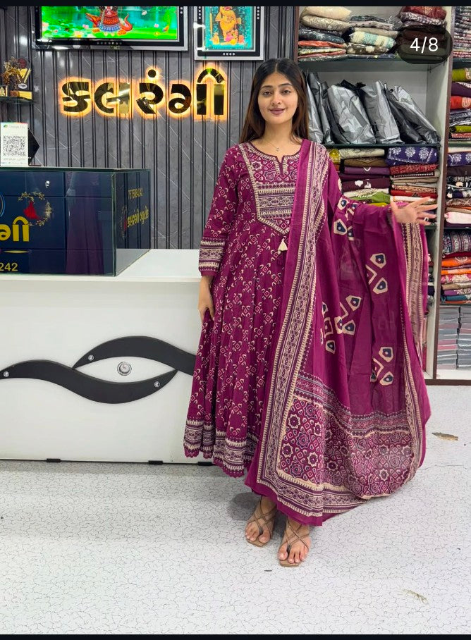 Magenta Cotton Anarkali Kurta Set with Saganeri Print