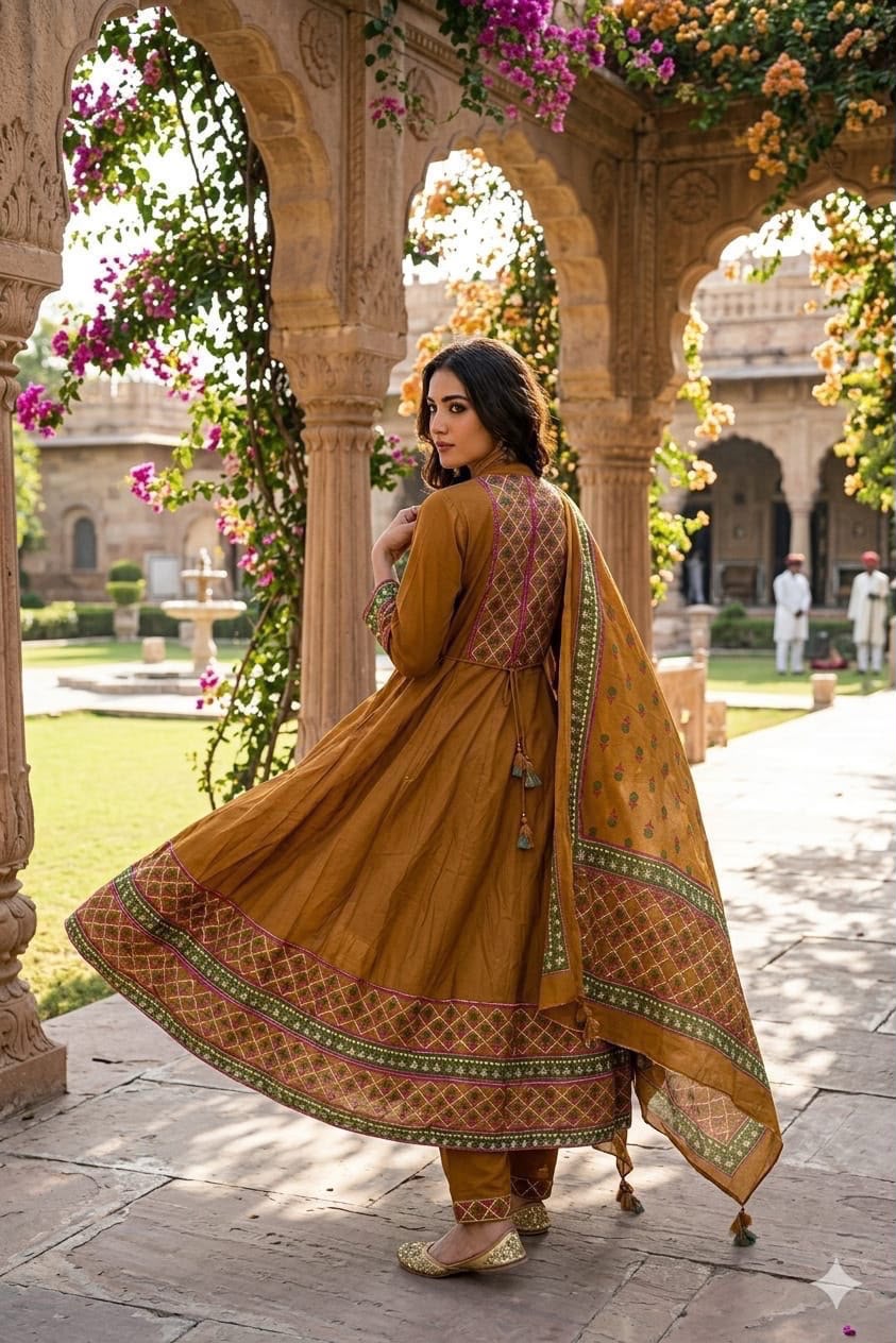 Mustard Yellow Cotton 12 Kali Anarkali Suit Set
