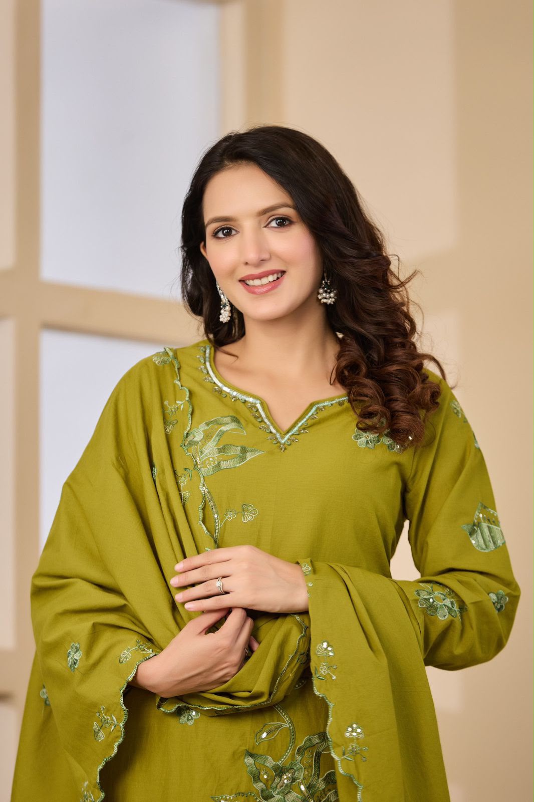Olive Green Embroidered Cotton Kurta Set with Dupatta | Festive Ethnic Wear