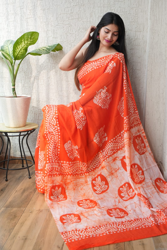 Orange Batik Print Cotton Saree (BFCS04)